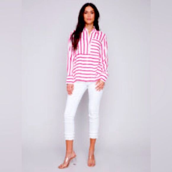 CHARLIE B Button-Down Rayon Linen Blend White Pink Shirt Size L  NWT - Picture 1 of 8